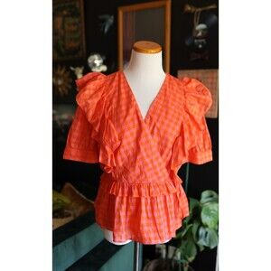 J Crew Reimagined Polka Dot Ruffle Wrap Tie Up Peplum Gingham Pink Orange Shirt
